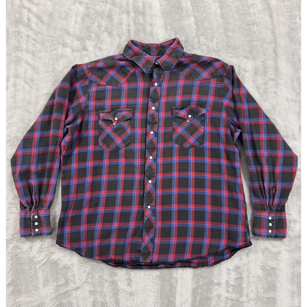 Wrangler Shirt Mens XL Red Blue Plaid Western Pearl Snap Flannel Long‎ Sleeve